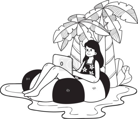 Illustration for Hand Drawn Freelance woman working on laptop under coconut tree illustration in doodle style isolated on background - Royalty Free Image