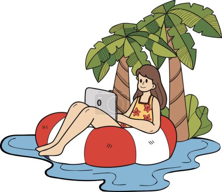 Ilustración de Hand Drawn Freelance woman working on laptop under coconut tree illustration in doodle style isolated on background - Imagen libre de derechos