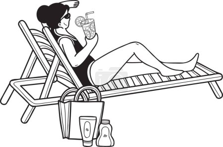 Téléchargez les illustrations : Dessinée à la main Bain de soleil touristique féminin en mer illustration dans le style doodle isolé sur fond - en licence libre de droit