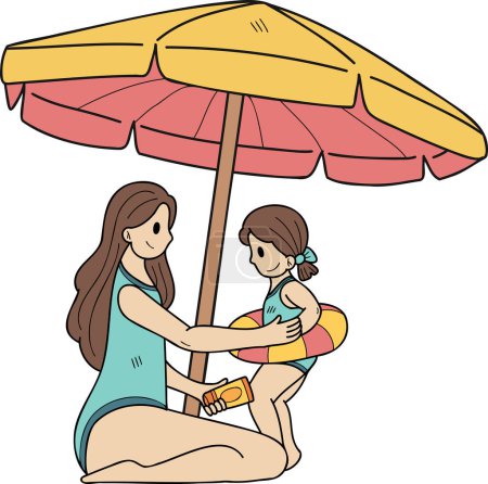 Téléchargez les illustrations : Hand Drawn Female tourists applying sunscreen to their children illustration in doodle style isolated on background - en licence libre de droit