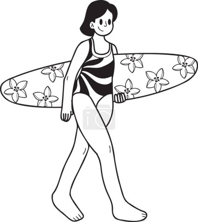 Illustration for Hand Drawn Female tourist with surfboard illustration in doodle style isolated on background - Royalty Free Image