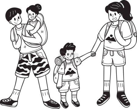 Téléchargez les illustrations : Famille dessinée à la main allant sur une illustration de voyage dans le style doodle isolé sur fond - en licence libre de droit