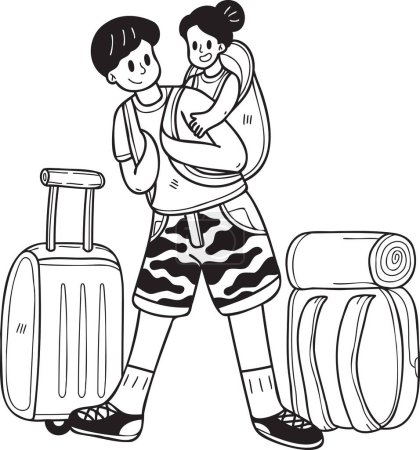 Téléchargez les illustrations : Main dessinée touriste mâle tenant bébé avec sac de voyage illustration dans le style doodle isolé sur fond - en licence libre de droit