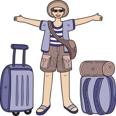 Téléchargez les illustrations : Touriste masculin dessiné à la main avec illustration de sac de voyage dans le style doodle isolé sur fond - en licence libre de droit