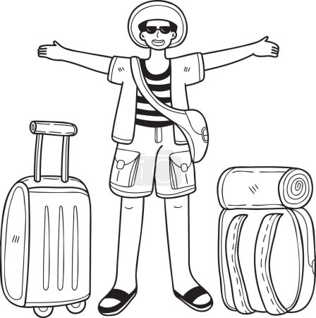 Téléchargez les illustrations : Touriste masculin dessiné à la main avec illustration de sac de voyage dans le style doodle isolé sur fond - en licence libre de droit