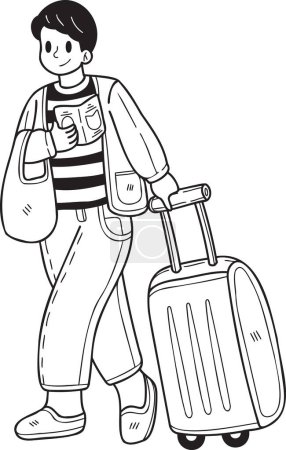 Téléchargez les illustrations : Hand Drawn Male tourist holding passport and suitcase illustration in doodle style isolated on background - en licence libre de droit