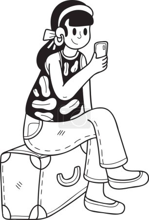 Téléchargez les photos : Hand Drawn Female tourist with suitcase and smartphone illustration in doodle style isolated on background - en image libre de droit