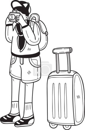 Téléchargez les illustrations : Hand Drawn Male tourist taking pictures with suitcases illustration in doodle style isolated on background - en licence libre de droit