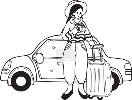 Téléchargez les illustrations : Dessinée à la main Touriste féminine en attente d'une illustration de taxi dans le style doodle isolé sur fond - en licence libre de droit
