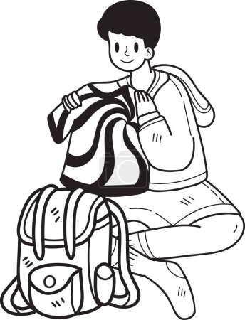 Téléchargez les illustrations : Hand Drawn tourists sitting and packing luggage illustration in doodle style isolated on background - en licence libre de droit