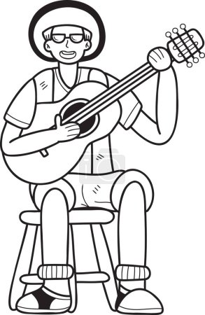 Téléchargez les illustrations : Touristes dessinés à la main jouant de l'illustration de guitare dans le style doodle isolé sur fond - en licence libre de droit