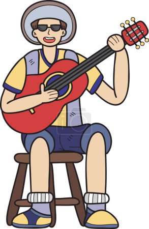 Ilustración de Turistas dibujados a mano tocando la ilustración de guitarra en estilo doodle aislado en el fondo - Imagen libre de derechos