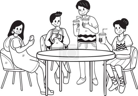 Téléchargez les illustrations : Groupe dessiné à la main d'adolescents buvant une illustration de café dans un style doodle isolé sur fond - en licence libre de droit
