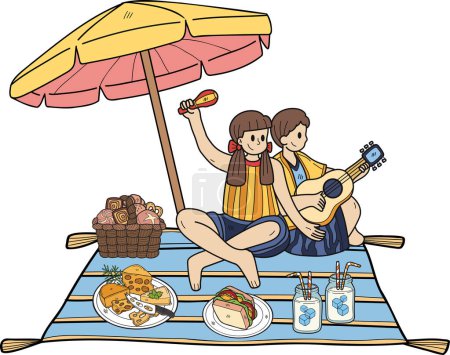 Illustration for Hand Drawn Couple sitting on a picnic on the beach illustration in doodle style isolated on background - Royalty Free Image