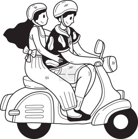 Téléchargez les illustrations : Couple dessiné à la main chevauchant une illustration de scooter dans le style doodle isolé sur fond - en licence libre de droit