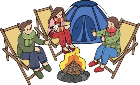Ilustración de Dibujado a mano Un grupo de turistas se sientan junto al fuego en el bosque ilustración en estilo garabato aislado en el fondo - Imagen libre de derechos