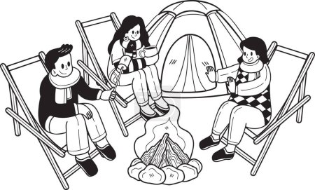 Illustration for Hand Drawn A group of tourists sit by the fire in the forest illustration in doodle style isolated on background - Royalty Free Image