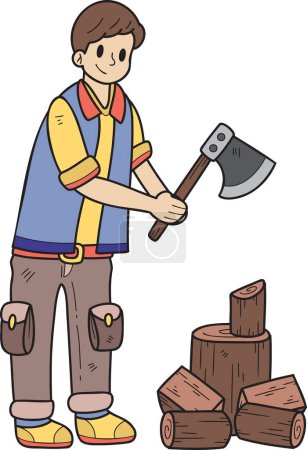 Téléchargez les illustrations : Homme dessiné à la main coupant l'illustration de bois de chauffage dans le style doodle isolé sur fond - en licence libre de droit