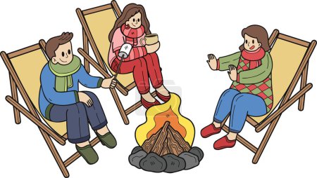Téléchargez les illustrations : Dessiné à la main Un groupe de touristes assis près du feu dans la forêt illustration dans le style doodle isolé sur le fond - en licence libre de droit