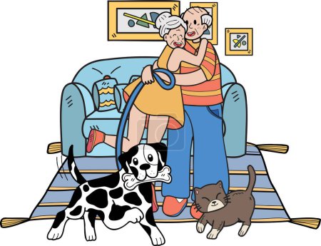 Téléchargez les illustrations : Dessiné à la main Les personnes âgées jouent avec des chiens et des chats illustration dans le style doodle isolé sur fond - en licence libre de droit