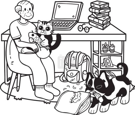 Ilustración de Anciano dibujado a mano juega con perros y gatos ilustración en estilo doodle aislado sobre fondo - Imagen libre de derechos