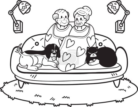 Ilustración de Dibujado a mano ancianos abrazando perros y gatos ilustración en estilo doodle aislado sobre fondo - Imagen libre de derechos