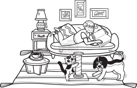 Ilustración de Libros de lectura de ancianos dibujados a mano con ilustración de perros y gatos en estilo doodle aislado sobre fondo - Imagen libre de derechos