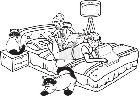 Téléchargez les illustrations : Livres de lecture pour personnes âgées dessinés à la main avec des chiens et des chats illustration en style doodle isolé sur fond - en licence libre de droit