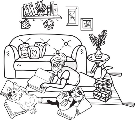 Illustration for Hand Drawn Elderly reading books with dogs and cats illustration in doodle style isolated on background - Royalty Free Image