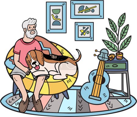 Illustration for Hand Drawn Elderly man sitting with Beagle Dog illustration in doodle style isolated on background - Royalty Free Image