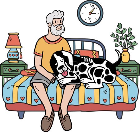Illustration for Hand Drawn Elderly man sitting with Dalmatian Dog illustration in doodle style isolated on background - Royalty Free Image