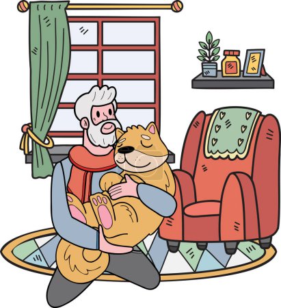 Téléchargez les illustrations : Homme âgé dessiné à la main assis avec Shiba Inu Illustration pour chien en style doodle isolé sur fond - en licence libre de droit