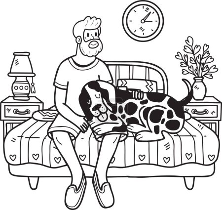 Téléchargez les illustrations : Homme âgé dessiné à la main assis avec le chien dalmate illustration dans le style doodle isolé sur le fond - en licence libre de droit