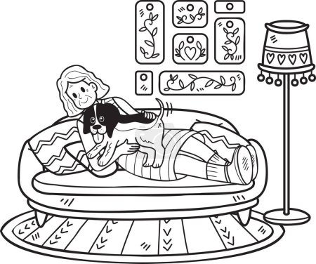 Téléchargez les illustrations : Femme âgée dessinée à la main assise avec Beagle Dog illustration dans le style doodle isolé sur fond - en licence libre de droit