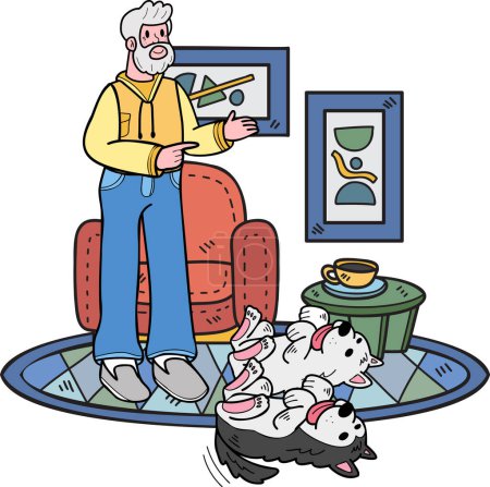 Téléchargez les illustrations : Hand Drawn Elderly man training a dog illustration in doodle style isolated on background - en licence libre de droit