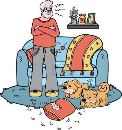 Ilustración de Anciano dibujado a mano entrenando a un perro ilustración en estilo doodle aislado sobre fondo - Imagen libre de derechos