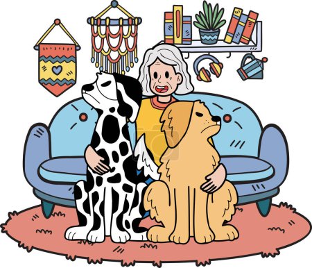 Téléchargez les illustrations : Dessinée à la main Femme âgée dressant une illustration de chien dans le style doodle isolé sur fond - en licence libre de droit