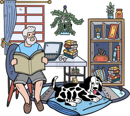 Téléchargez les illustrations : Hand Drawn Elderly reading a book with a dog illustration in doodle style isolated on background - en licence libre de droit
