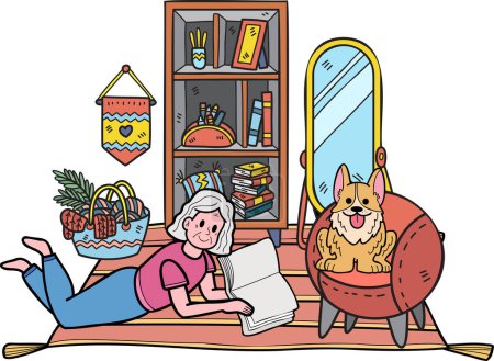 Téléchargez les illustrations : Hand Drawn Elderly reading a book with a dog illustration in doodle style isolated on background - en licence libre de droit