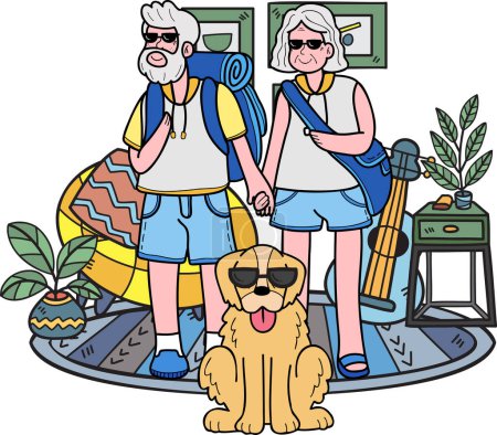 Ilustración de Anciano dibujado a mano viajando con perros ilustración en estilo doodle aislado sobre fondo - Imagen libre de derechos