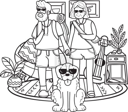 Ilustración de Anciano dibujado a mano viajando con perros ilustración en estilo doodle aislado sobre fondo - Imagen libre de derechos