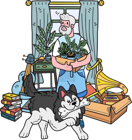 Téléchargez les illustrations : Dessiné à la main Les personnes âgées nettoient la pièce avec l'illustration de chien dans le style doodle isolé sur fond - en licence libre de droit