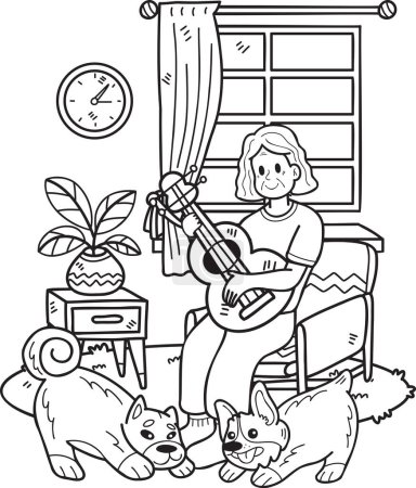 Illustration for Hand Drawn Elderly playing guitar with dog illustration in doodle style isolated on background - Royalty Free Image
