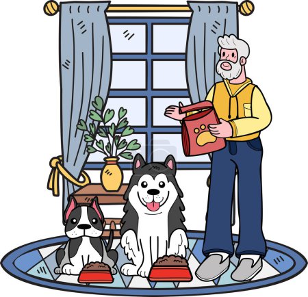 Illustration for Hand Drawn Elderly feed the dog illustration in doodle style isolated on background - Royalty Free Image