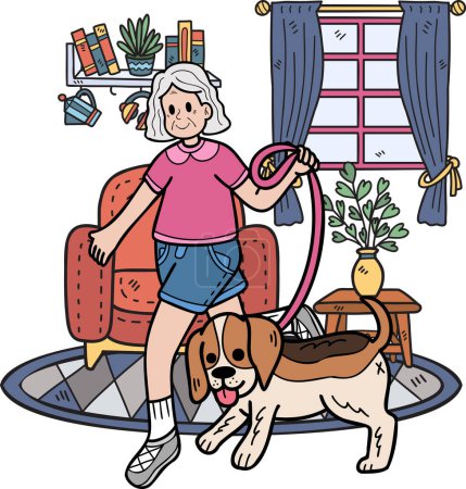 Téléchargez les illustrations : Hand Drawn Elderly with dog leash illustration in doodle style isolated on background - en licence libre de droit