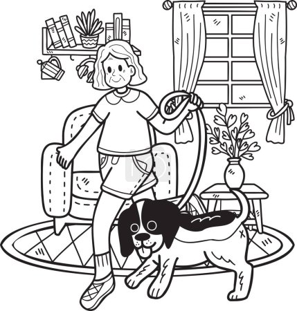 Téléchargez les illustrations : Sujet âgé dessiné à la main avec une illustration en laisse de chien en style doodle isolé sur fond - en licence libre de droit