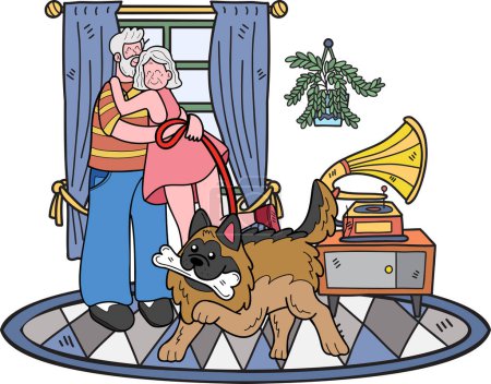 Illustration for Hand Drawn Elderly with dog leash illustration in doodle style isolated on background - Royalty Free Image