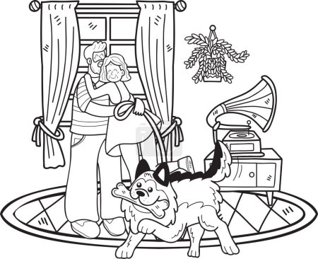 Téléchargez les illustrations : Hand Drawn Elderly with dog leash illustration in doodle style isolated on background - en licence libre de droit