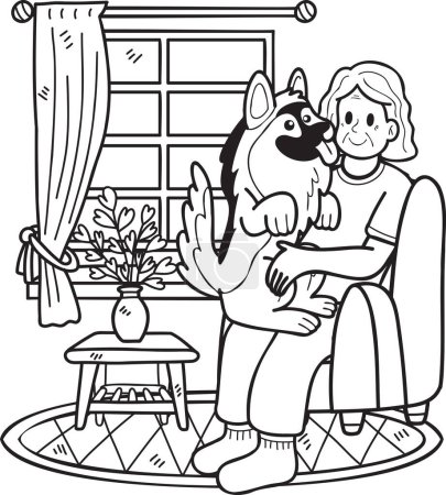 Téléchargez les illustrations : Hand Drawn Elderly holding a dog illustration in doodle style isolated on background - en licence libre de droit
