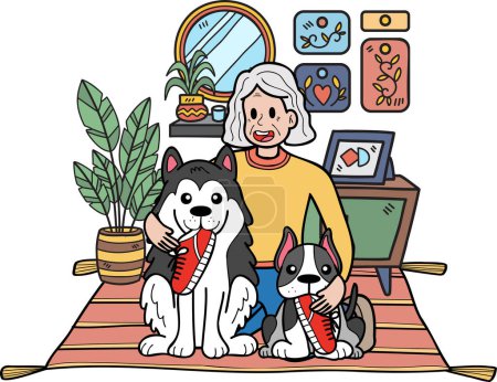 Illustration for Hand Drawn Elderly sitting with the dog illustration in doodle style isolated on background - Royalty Free Image